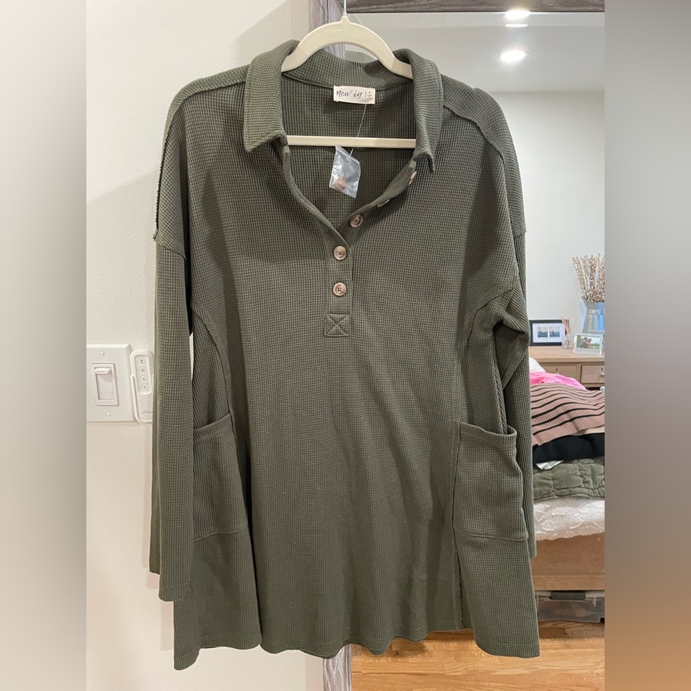 New In Green Button-Down Waffle Knit Dress
